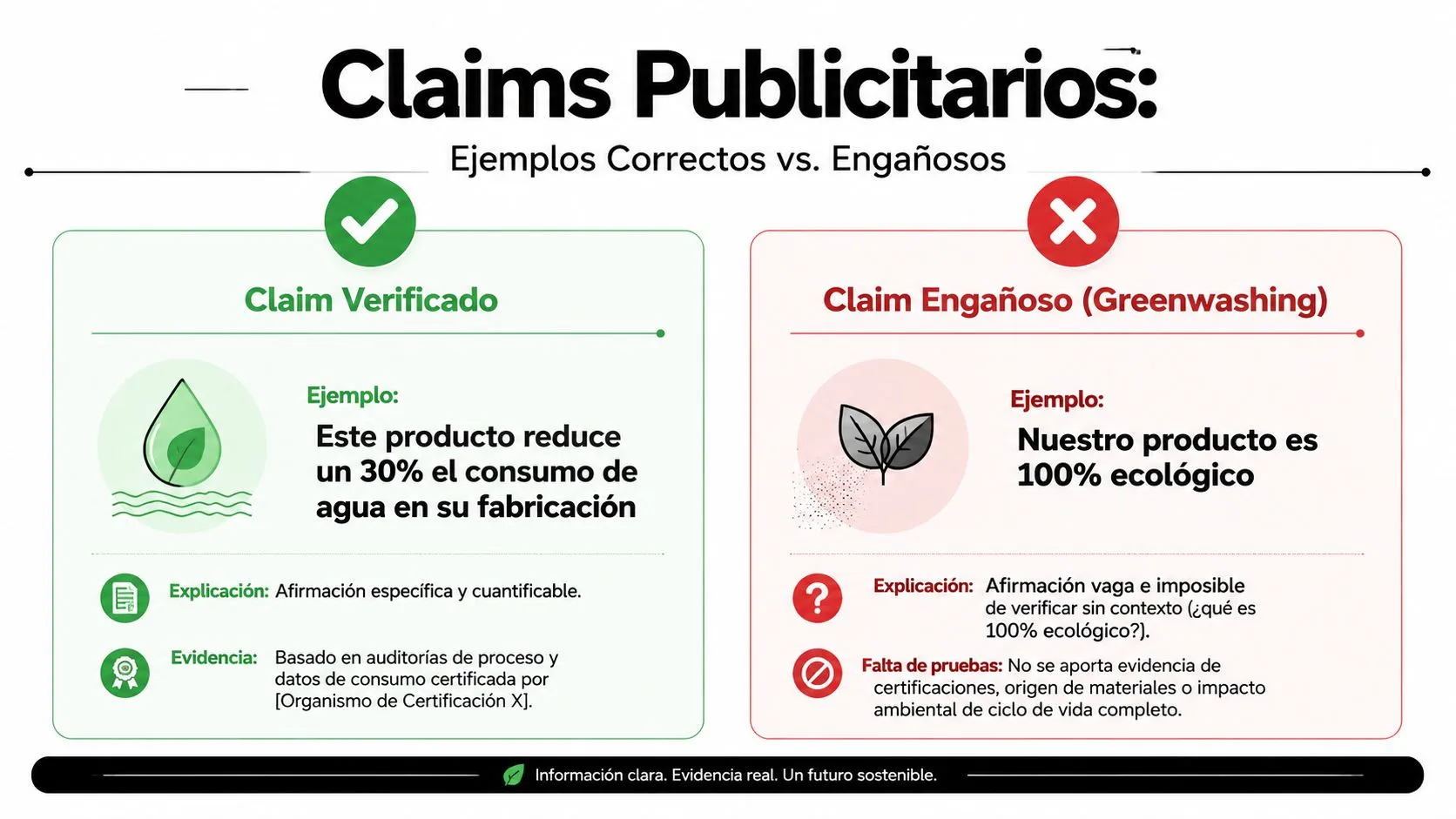 Infografía comparativa que muestra ejemplos correctos y engañosos de claims publicitarios sobre sostenibilidad y greenwashing.