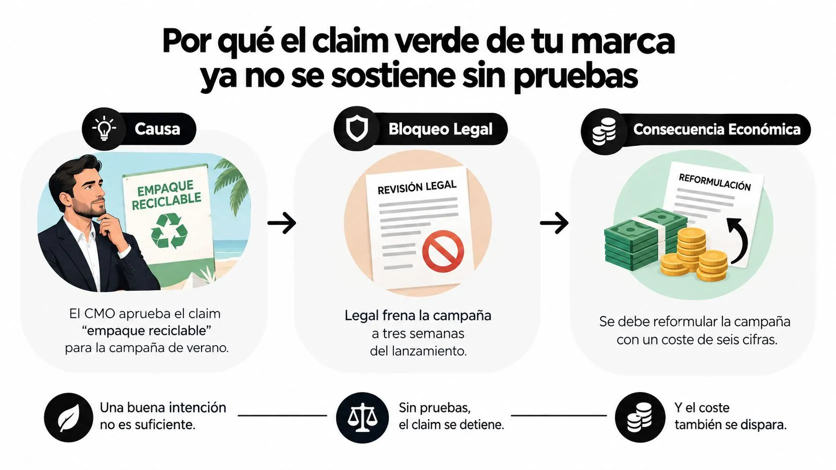 Infografía sobre las consecuencias legales y económicas de usar declaraciones ecológicas sin pruebas en campañas publicitarias.