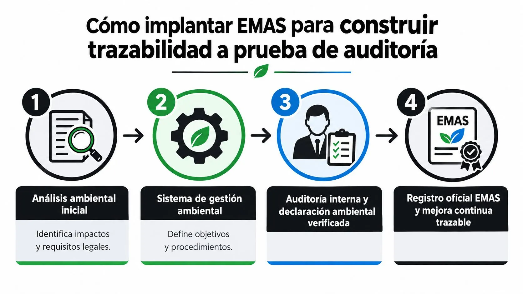 Infografía de cuatro pasos sobre cómo implementar el sistema EMAS para lograr la trazabilidad en auditorías ambientales.