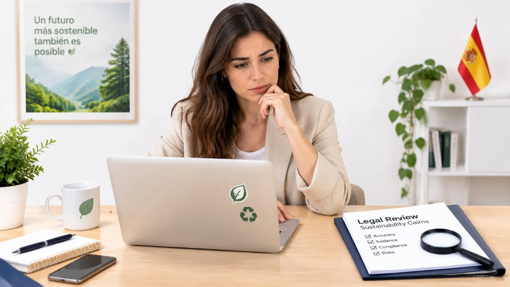 Una mujer profesional revisando reclamaciones de sostenibilidad en su oficina con una computadora portátil y documentos legales.