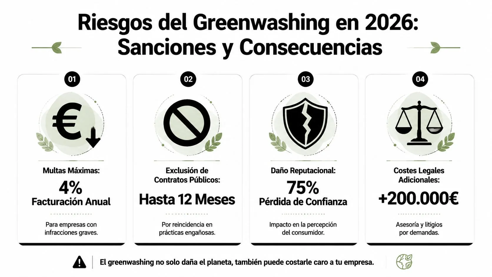 Infografía sobre los riesgos, multas y consecuencias legales del greenwashing para empresas en el año 2026.