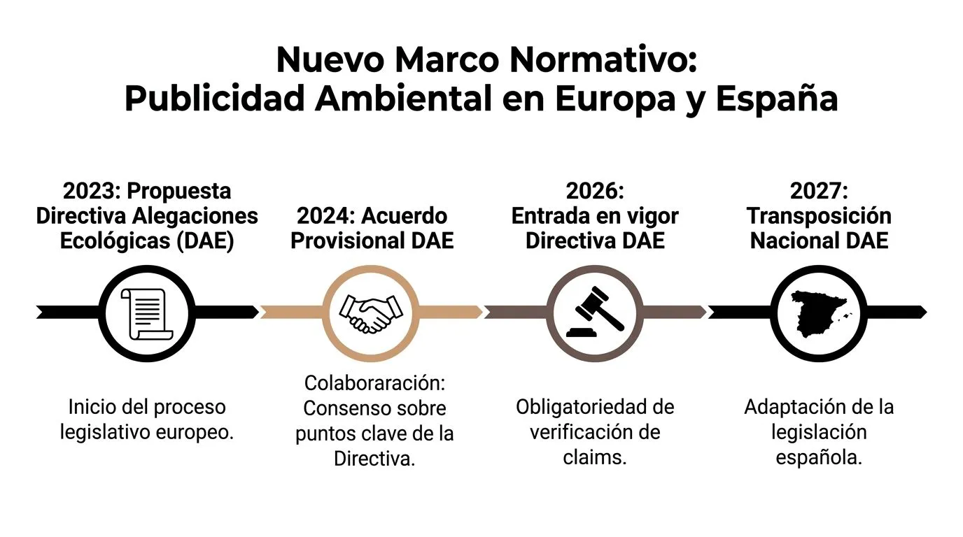Línea de tiempo mostrando el marco normativo europeo y español para la regulación de la publicidad ambiental.