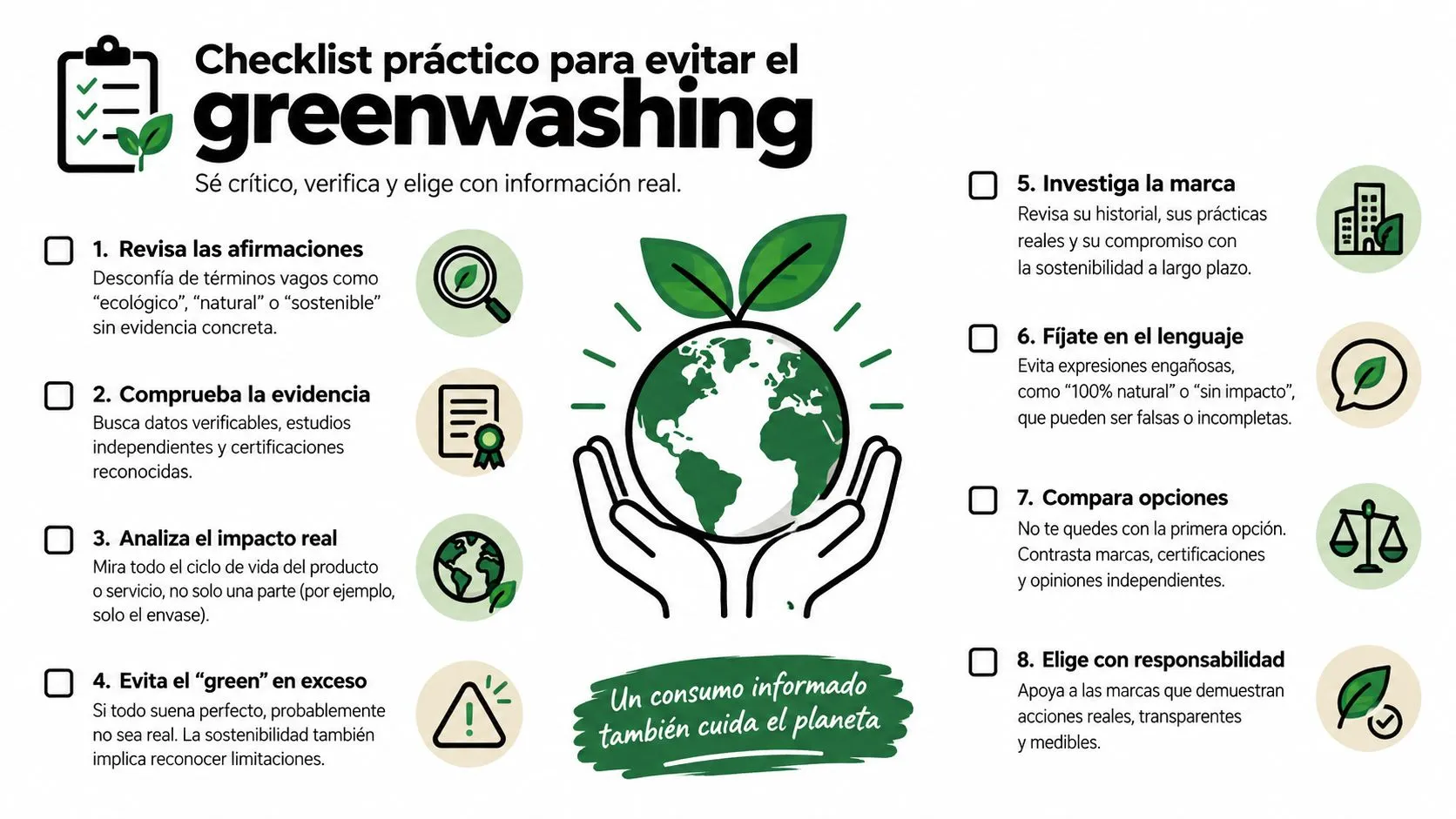 Infografía con una lista de verificación práctica de ocho pasos para identificar y evitar el lavado verde.