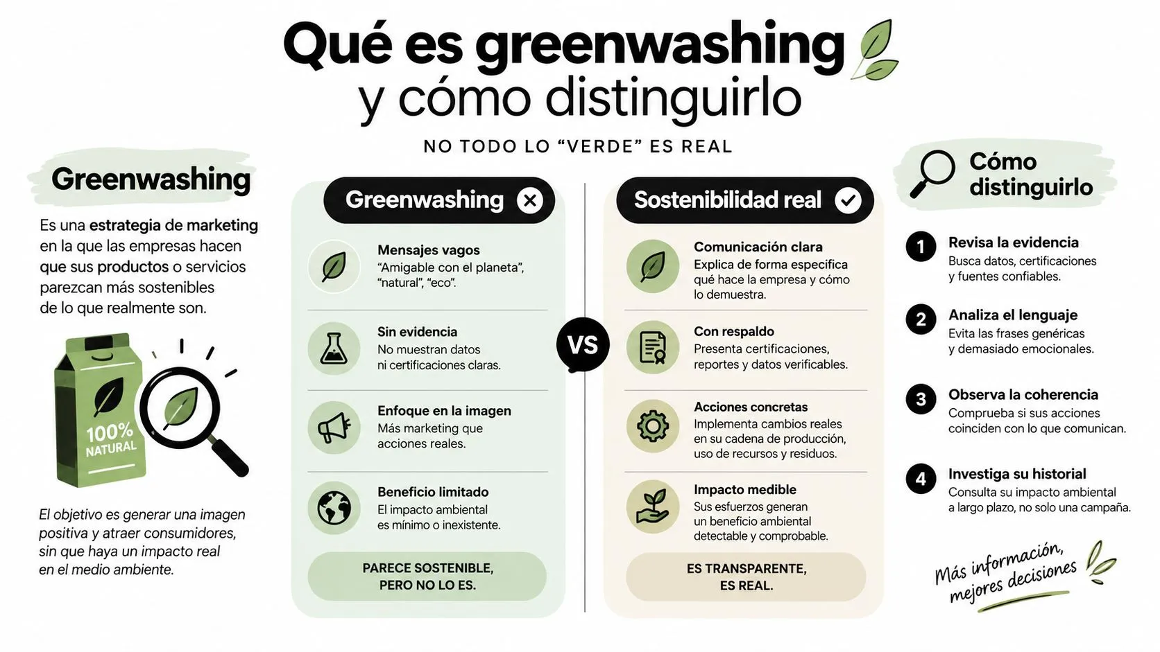 Infografía educativa que explica qué es el greenwashing y cómo diferenciarlo de una sostenibilidad real.