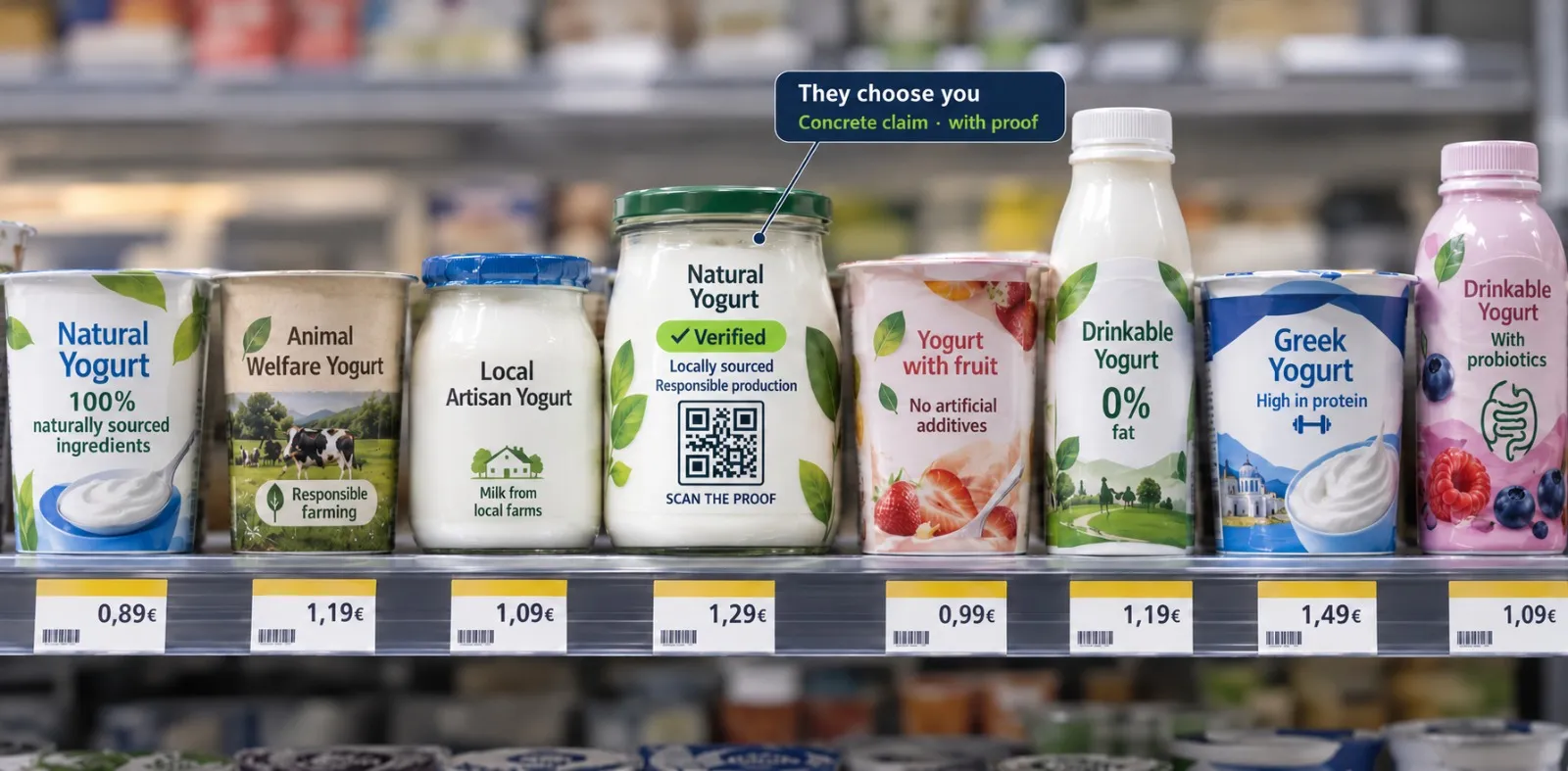 Supermarket shelf of yogurts promising “100% natural”, “animal welfare” or “locally made”; only one stands out, with a specific verified claim and a QR code to check the proof.