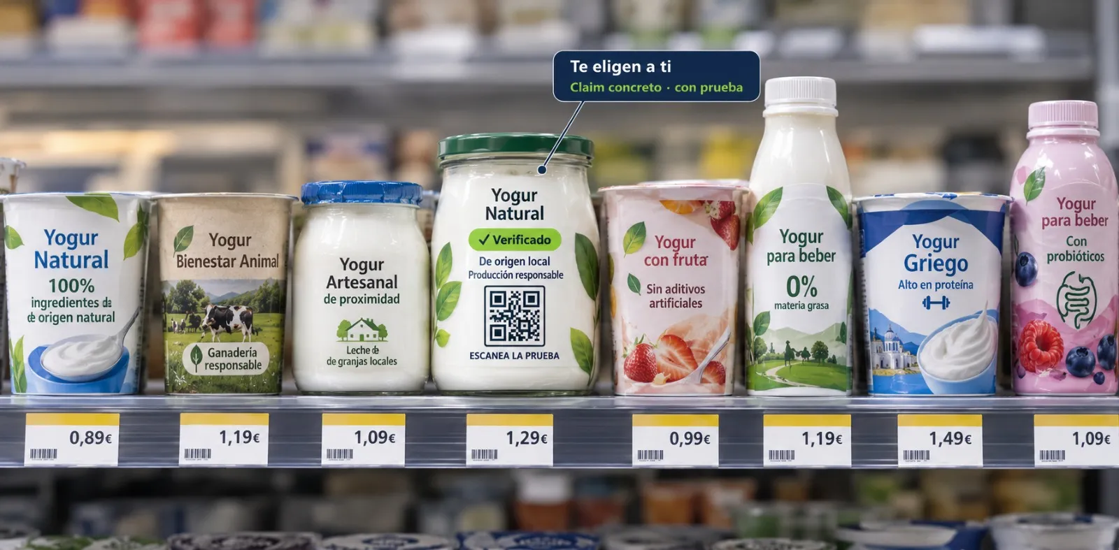 Lineal de supermercado con yogures que prometen «100 % natural», «bienestar animal» o «de proximidad»; solo uno destaca, con un claim concreto verificado y un código QR para comprobar la prueba.