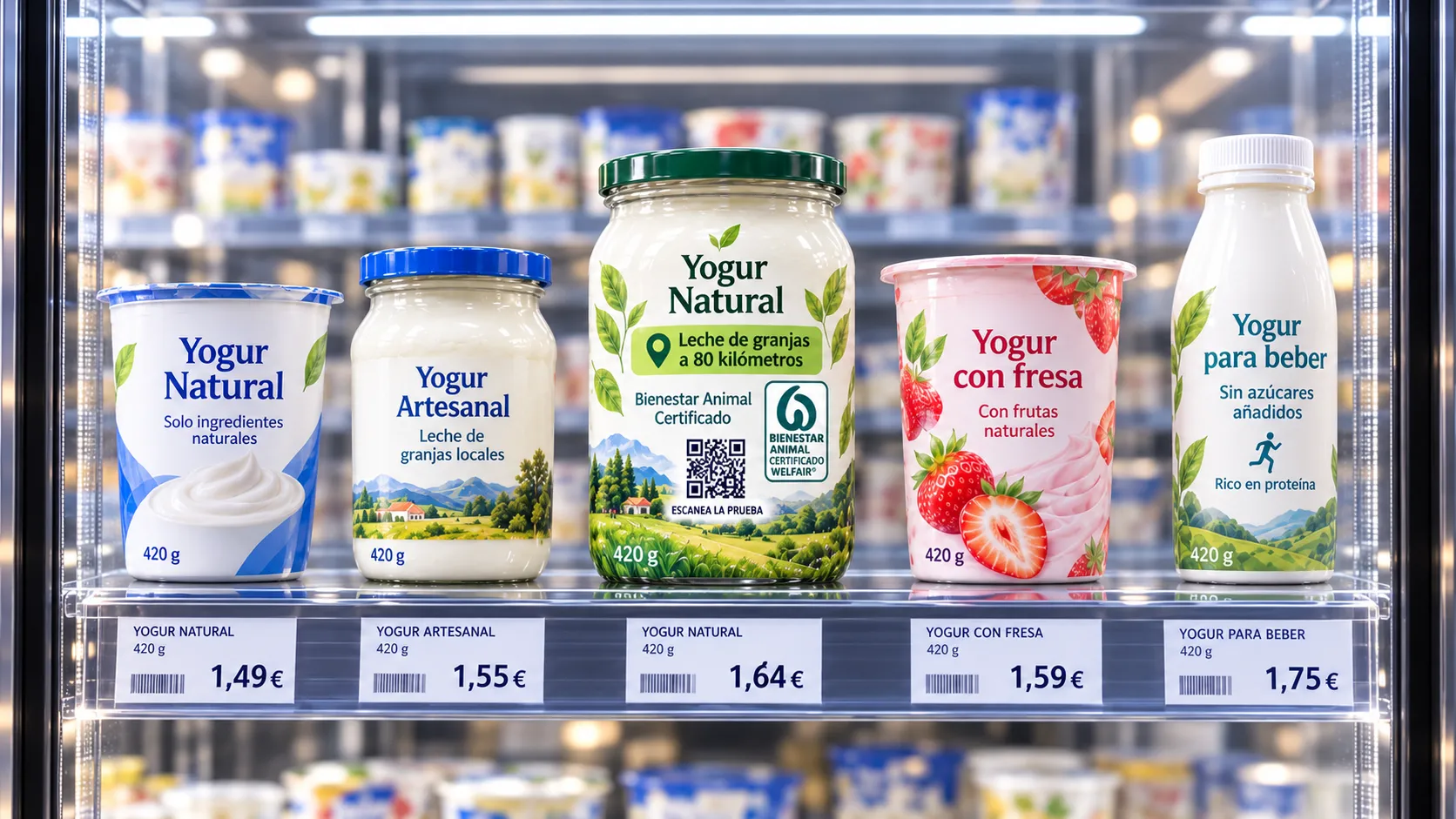 Lineal de supermercado con yogures que prometen «solo ingredientes naturales», «leche de granjas locales» o «sin azúcares añadidos»; solo uno concreta su afirmación, «leche de granjas a 80 kilómetros» y bienestar animal certificado, con un código QR para comprobar la prueba.