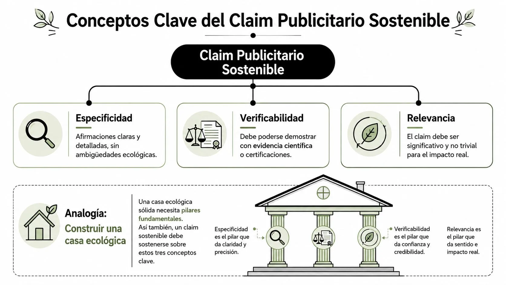 Diagrama explicativo sobre los pilares fundamentales para crear un claim publicitario sostenible y transparente.